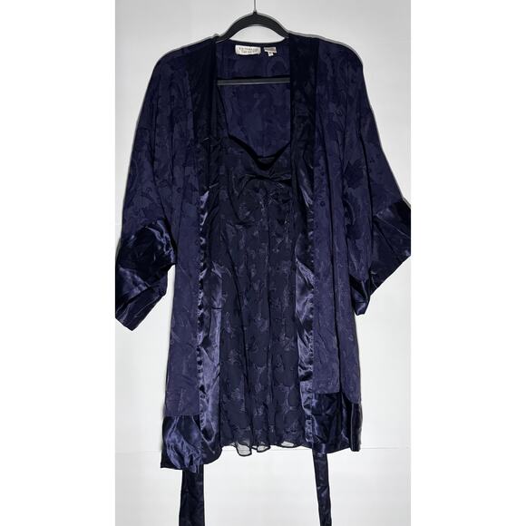VINTAGE 80'S GOLD LABEL VICTORIA'S SECRET GOWN & ROBE MATCHING SET IN NAVY BLUE - Picture 1 of 9